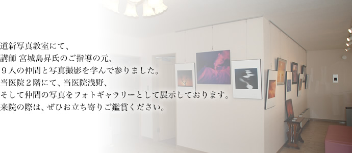 道新写真教室にて、講師　宮城島昇氏のご指導の元、9人の仲間と写真撮影を学んで参りました。当医院２階にて、当医院浅野、そして仲間の写真をフォトギャラリーとして展示しております。来院の際は、ぜひお立ち寄りご鑑賞ください。